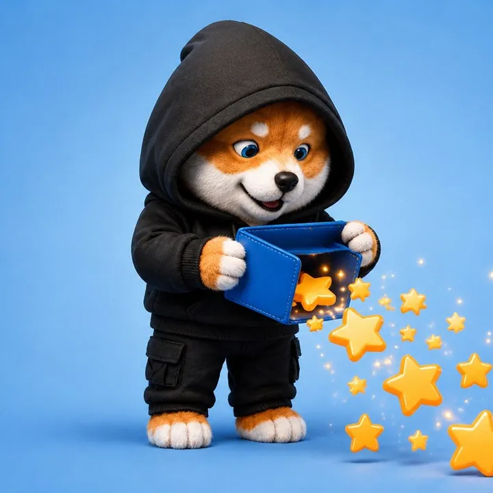 Un shiba con sudadera negra abre una billetera de la que caen estrellas